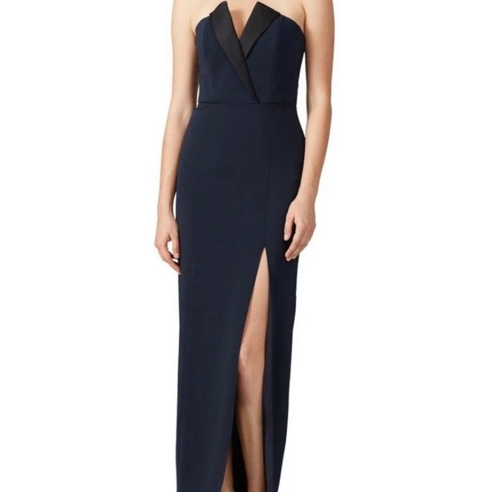 Navy strapless maxi dress w/ slit & black lapel. Size4. Jaygodfrey. Sylvia dress